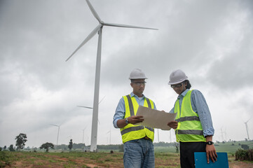 Two engineers working and holding the report at wind turbine farm Power Generator Station on mountain,Thailand people