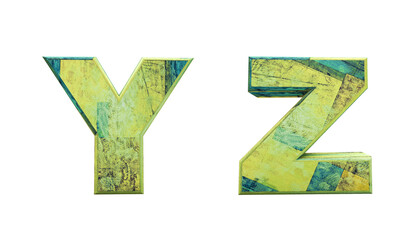 Tile cutouts. Letters Y, Z. Artistic green alphabet 3d render. One-click background removal.