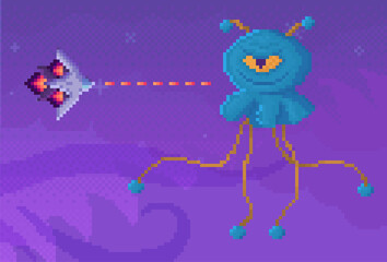 Boss of game next to combat aircraft. Space pixel game interface design layout. Cartoon character with long limbs vector illustration. Rocket or plane attacks and shoots evil one-eyed monster