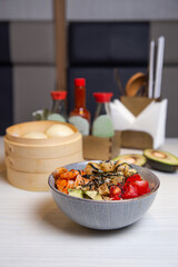 Seafood salad on a plate in a restaurant. Fresh seafood for a healthy diet. Diet food, exotic cuisine