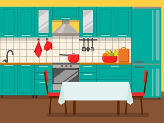 Kitchen interior with furniture and stove, cupboard, dishes, fridge, and utensils. Table with chairs. Flat cartoon-style vector illustration.
