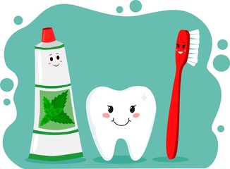 Toothbrush, Toothpaste, and Tooth. Brushing teeth dental set. Happy cartoon vector design for kids.