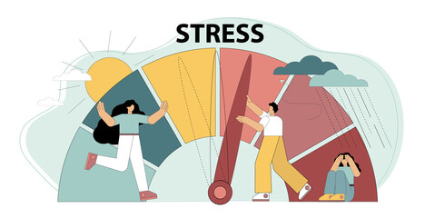 Stress concept. Emotional overload. Stress levels are reduced through the concept of problem solving and the pressure of tiny people. Employee frustrations at work. Vector flat illustration.