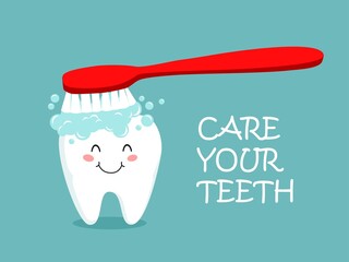 Poster with cute smiling cartoon tooth with soft foam bubbles. Stomatology, dental concept. Flat style cartoon character illustration. Dental kids care banner. Care your teeth