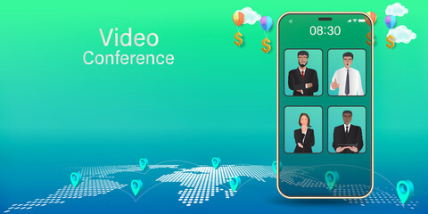 Illustrations design concept video conference by mobile. online meeting work form home. Vector Illustration..