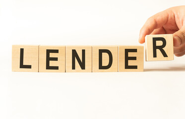 Word lender made with wood building blocks, stock image