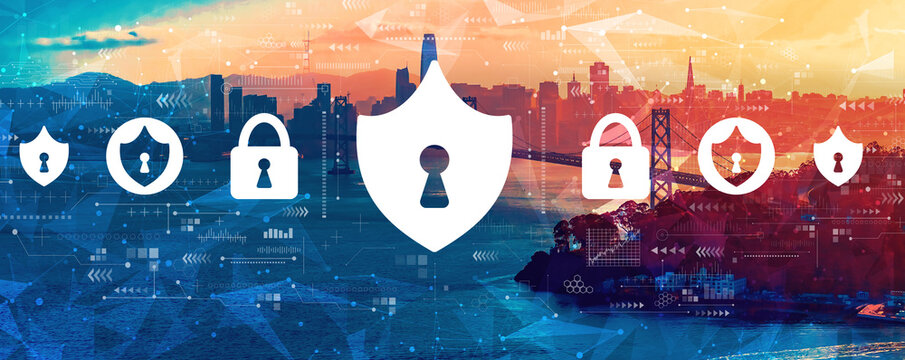 Cyber security theme with aerial view of the Bay Bridge in San Francisco