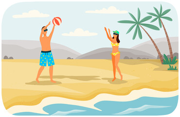 Young couple is throwing ball to each other on beach. Guy with girl playing volleyball on ocean. Cartoon characters doing sports in summer. People are having fun at sandy beach resort near sea