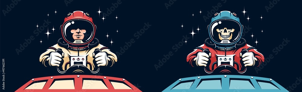 Wall mural astronaut pilot skull in spacesuit. spaceman skeleton holds the steering wheel of spaceship. vector 