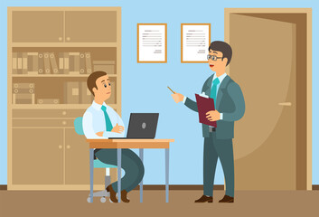 Male characters talking together at office workplace. Positive communication of colleagues. People have a conversation. Boss gives instructions to subordinate sitting at a table. Business meeting