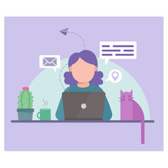 Woman And Cat Working Office Online With Cactus And Laptop