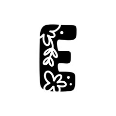 Vintage floral bold Letter E Logo spring. Classic E Summer Letter Design Vector with Black Color and Floral Hand Drawn with monoline pattern