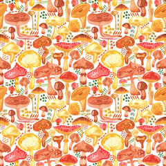 Colorful watercolor mushrooms seamless  pattern.  Hand Illustration for creating fabrics, wallpapers, gift wrapping paper, invitations, textile, scrapbooking.  Isolated on white background.