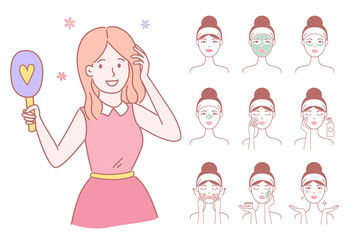 Young woman cleaning and care her face with various actions set. Facial skin care, hygiene, beauty and cosmetic. Beautiful smiling girl in pink dress straightens hair with a hand holds a mirror