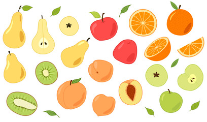 Set of cartoon fruits. Citrus oranges and apples, Green kiwis and yellow pears, tender peaches. Colored isolated objects on a white.