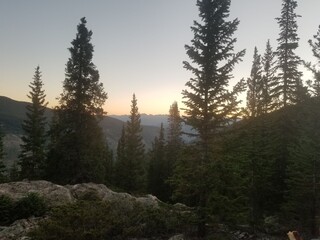 Sunrise over mountains with pine trees, Boulder Colorado