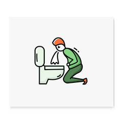  Vomiting color icon.Character feeling nausea.Man puking in bathroom.Hangover. Symptoms food poisoning .Health problem.Isolated vector illustration