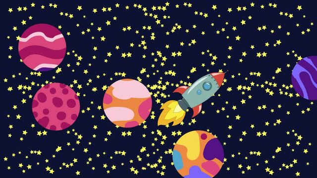 Cartoon Space. Cartoon rocket flies in outer space past the suspended planets, satellites and other objects. Flat loopback animation.