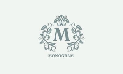 Decorative vector monogram with the initial letter M. Exquisite logo for cafe, bar, restaurant, invitation. Business style or company brand.