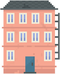 House isolated on white. Pixelated apartment building with many windows for pixel game design. Panorama architecture. 8-bit. Layout of mobile app, computer game. Old architectural cartoon building