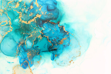 photographie d& 39 art de peinture d& 39 art fluide abstrait à l& 39 encre d& 39 alcool, couleurs bleu et or