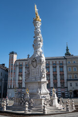 Linz, Austria 28.02.2021 Holy Trinity column on the Main Square (Hauptplatz).