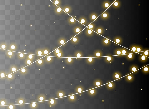 Christmas lights isolated realistic design elements. Glowing lights for Christmas holiday cards, banners, posters, web designs. Garland decorations. LED neon lights