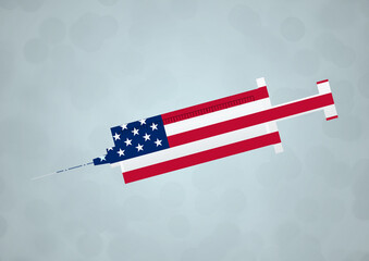 A USA Stars and Stripes Flag syringe illustration to symbolise the vaccination of the United States of America against corona virus Covid-19