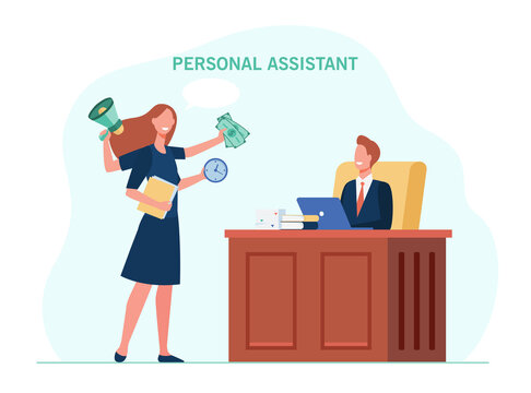 Leader working with personal assistant. Active multi armed secretary helping boss, politician, executive. Flat vector illustration. Assistance concept for banner, website design or landing web page