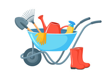 Garden  wheelbarrow with tools vector illustration. Cartoon garden equipment isolated on white background. Bright watering can, boots, shovels, rakes  © HasanovaRuzana