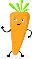 Carrots with a smile, legs and handles are drawn in a comic style vector. Cheerful little man symbolizes vegetarian food, gardener icon.