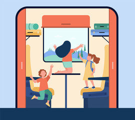 Children traveling by train. Kids having fun on couches in carriage interior. Flat vector illustration. Trip, transport, transportation concept for banner, website design or landing web page