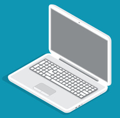 Opened grey laptop, modern technology, device, internet at wireless computer. Cartoon vector icon isolated. Digital device. Off laptop from front side. Simple icon for apps or websites, logo