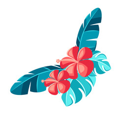 Decorative element with hibiscus flowers and palm leaves. © incomible
