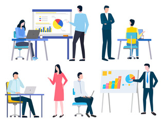 Workers discussing graph report and using laptop. Employee character communication with pc, diagram and successful strategy, manager on workplace vector