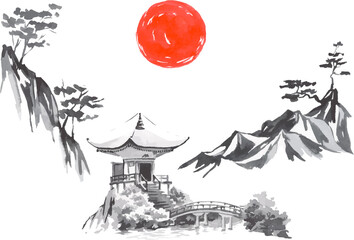 Japan traditional sumi-e painting. Fuji mountain, sakura, sunset. Japan sun. Indian ink vector illustration. Japanese picture. temple