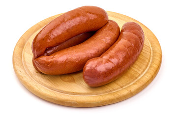 Smoked German Sausages, isolated on white background. High resolution image