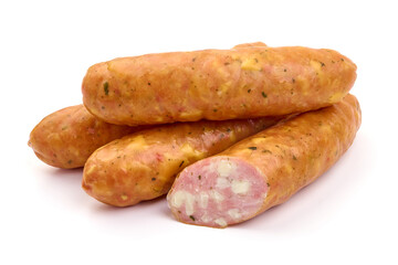 Smoked sausages for grill, isolated on white background. High resolution image