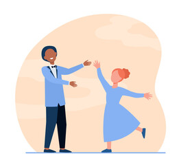 Diverse couple of kids dancing together. Ballroom dancers performing at show. Flat vector illustration. Performance, dance studio, class concept for banner, website design or landing web page