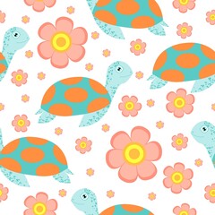 Seamless pattern. Turtle or tortoise. Cute and funny. Turquoise green and orange. Pink flower. White background. Sea animal. Nature and ecology. For post cards, wallpaper, textile or wrapping paper