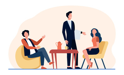 People meeting in coffee shop. Waiter serving customers sitting at table in cafe. Flat vector illustration. Restaurant, service, couple dating concept for banner, website design or landing web page