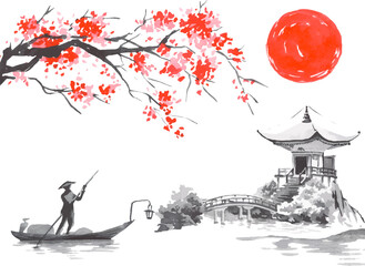 Japan traditional sumi-e painting. Fuji mountain, sakura, sunset. Japan sun. Indian ink vector illustration. Japanese picture. fisherman