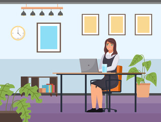 Young dark-haired business woman at the desk is working on the laptop computer vector illustration. Secretary dressed formally in office workspace, businesswoman person, student typing on keyboard