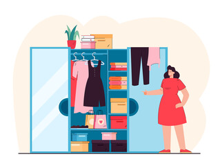 Smiling woman standing in front of open wardrobe flat vector illustration. Cartoon lady choosing clothes from closet. Organization dressing and fashion concept