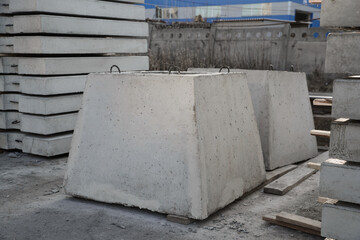 The plan of the reinforced concrete foundation for the clone for the construction of an industrial building or structure. Stored at the warehouse of the precast concrete plant