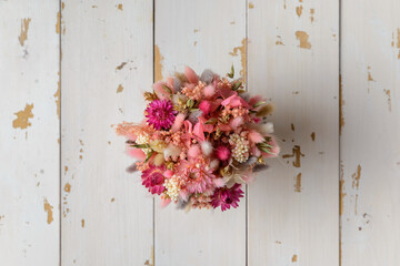 Fototapeta na wymiar Beautiful, spring bouquet of dried flowers, top view, close-up