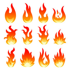 Collection of fire flame set isolated on white background. Icons. Flat style vector illustration. Flame, fire, torch, campfire.