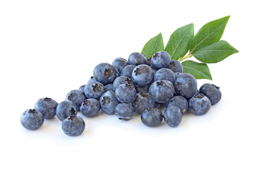 Pile of blueberries with leaves isolated on white