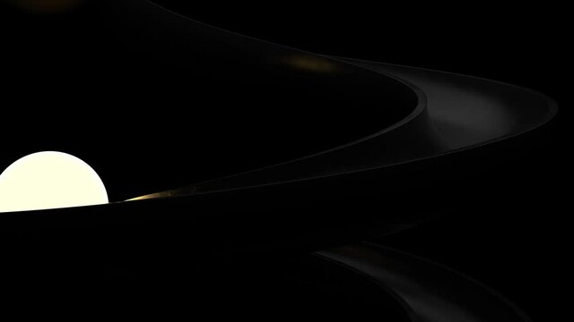 3d render of a sphere rolling down the pipe. Loopable animation sequence. The sphere is a half-illuminated, half dark, black helix pipe.