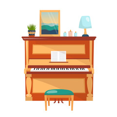 Modern piano in cartoon style with decorative elements. Vector illustration on a white background. Open piano with chair, painting, flower and lamp